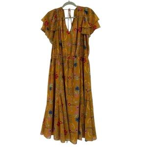 Modcloth Mustard Yellow Floral Midi Dress Ruffle Detail Size 1X Spring Summer